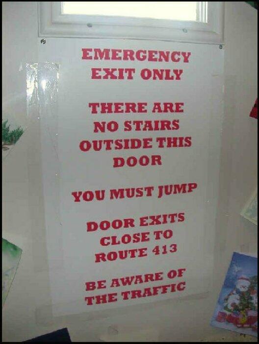 5 tips for better work instructions. Don't do this: fire exit with ridiculously long instructions for jumping out from a multi-storey building with no stairs.