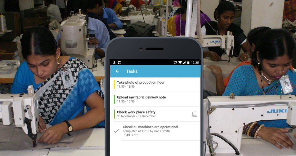 Fabrikarbeiter beim Nähen. Wir haben außerdem ein großes „Mobile“ mit der Gluu App die Ihnen hilft Ihr soziales Verantwortung-Ziel zu erreichen.