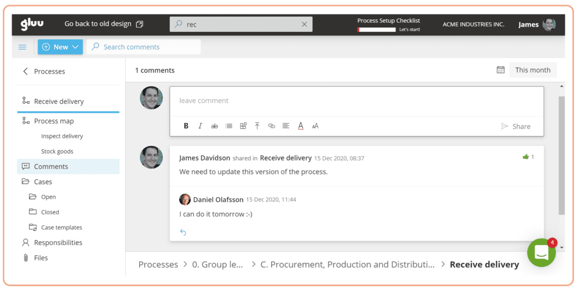 sharing ideas and feedback with comments in gluu