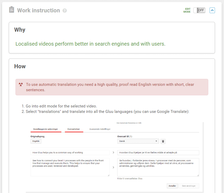 Arbejdsinstruktioner for en aktivitet