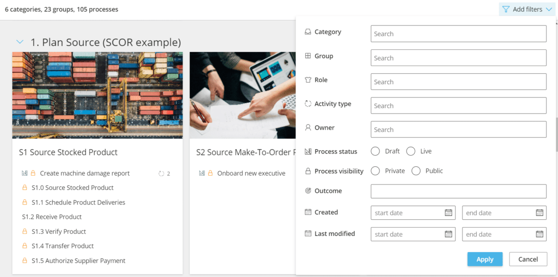 Advanced filtering of processes